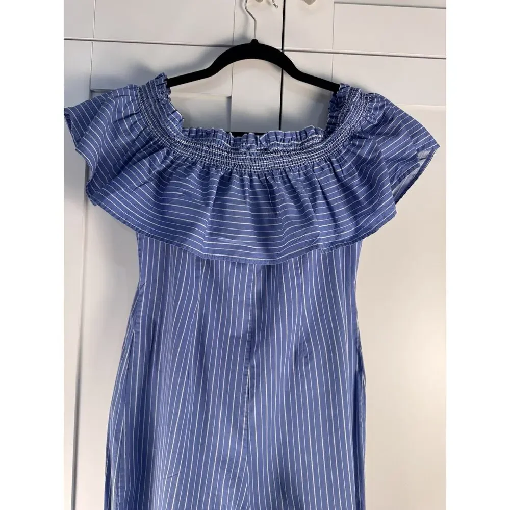 Privy Off Shoulder Jumpsuit Blue White Stripe Ruffle Wide Leg Womens M - Picture 2 of 8